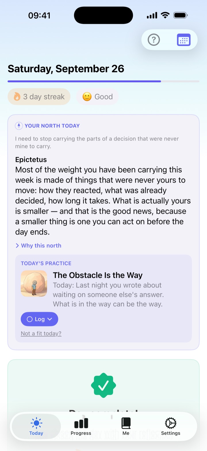 The Northe Today screen: the day's north and the single practice